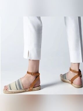 Tory Burch Beige and Tan Striped Espadrille Sandals